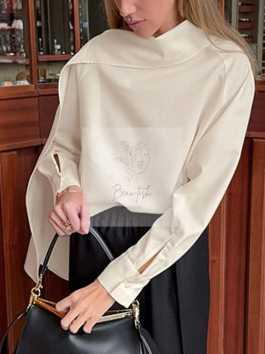 Asymmetrical High Collar Long Sleeve Blouse