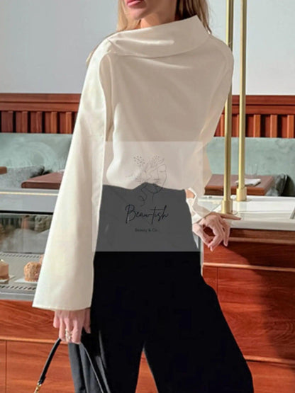 Asymmetrical High Collar Long Sleeve Blouse