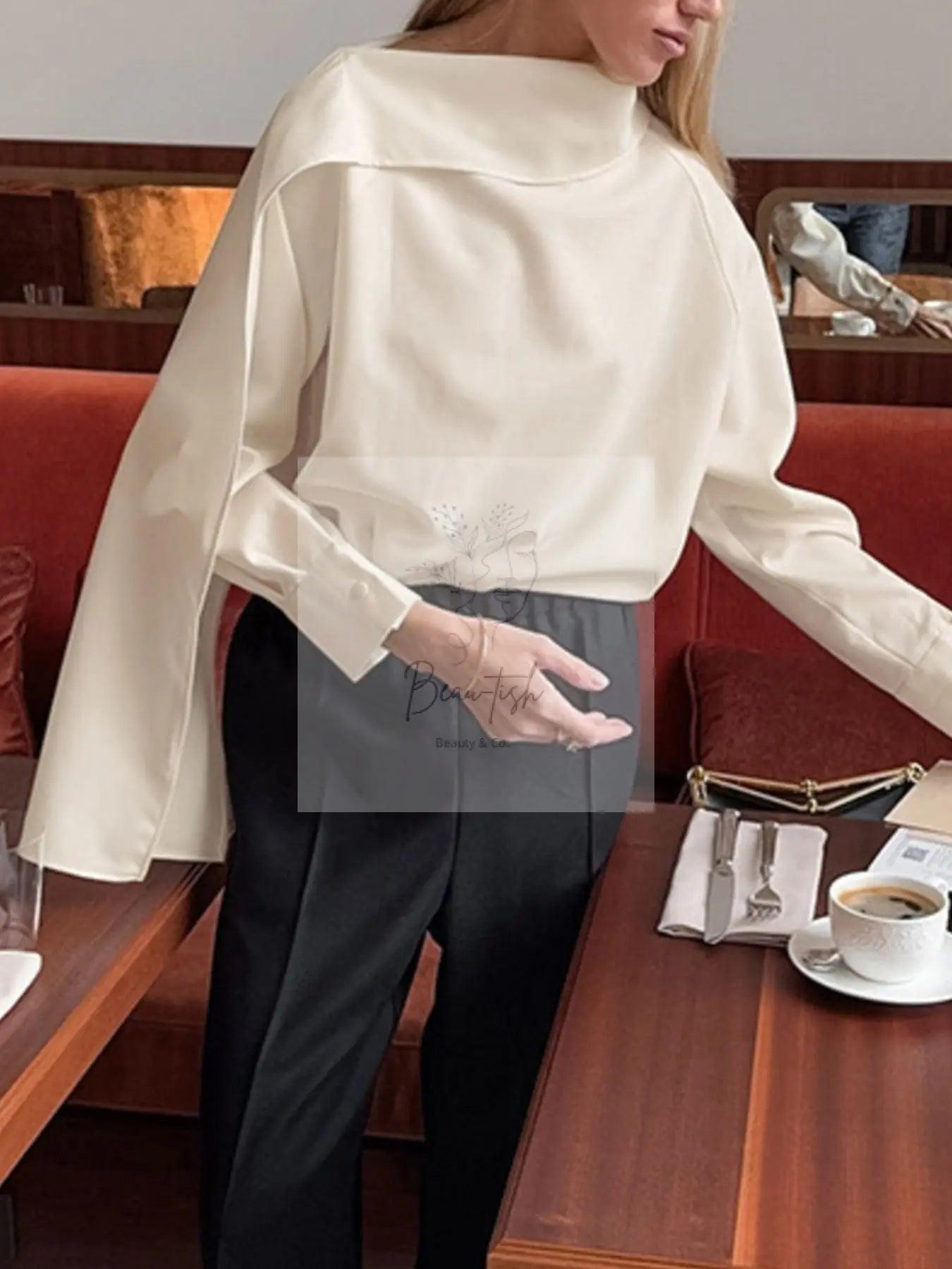 Asymmetrical High Collar Long Sleeve Blouse
