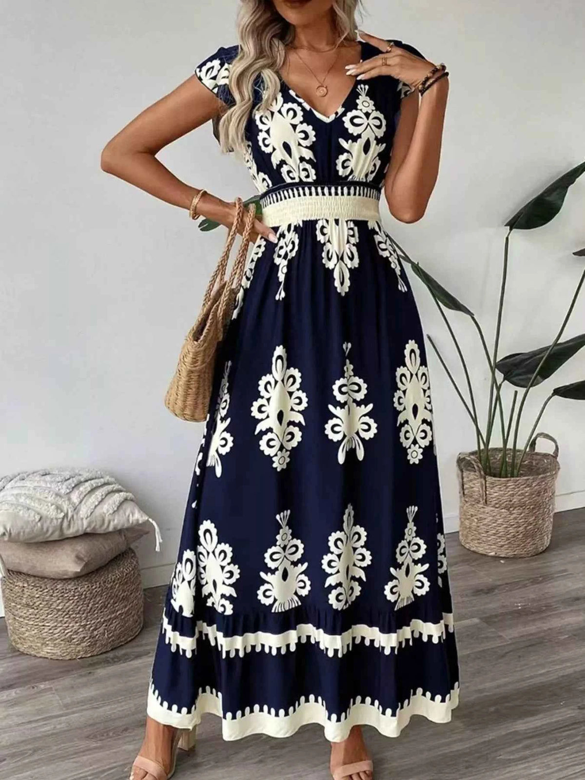 Ruffled Printed V-Neck Maxi Dress