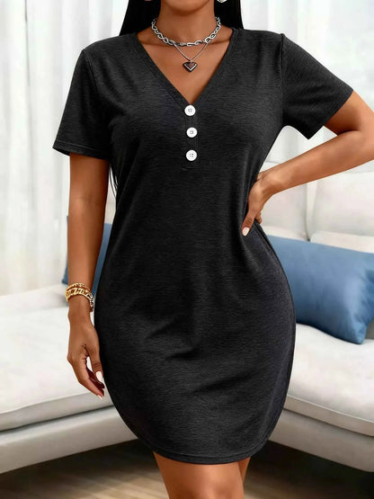 Plus Size V-Neck Button Detail Casual T-Shirt Dress