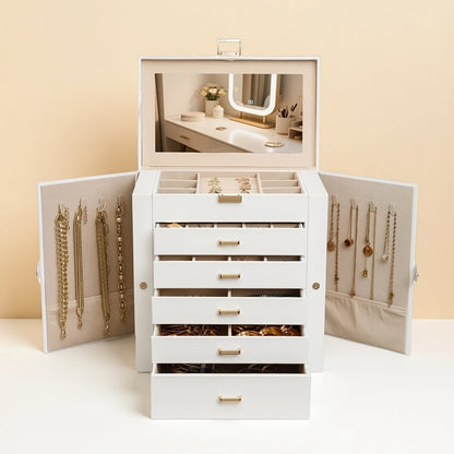 Large 6-Layer Double-Door Jewellery Box with Flip Mirror & Drawers