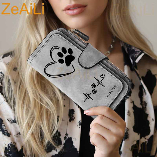 New Retro Elegant Simple Love Printed Fashion Printed Women's Card Bag Heart-shaped Paw Print Wallet Large Capacity