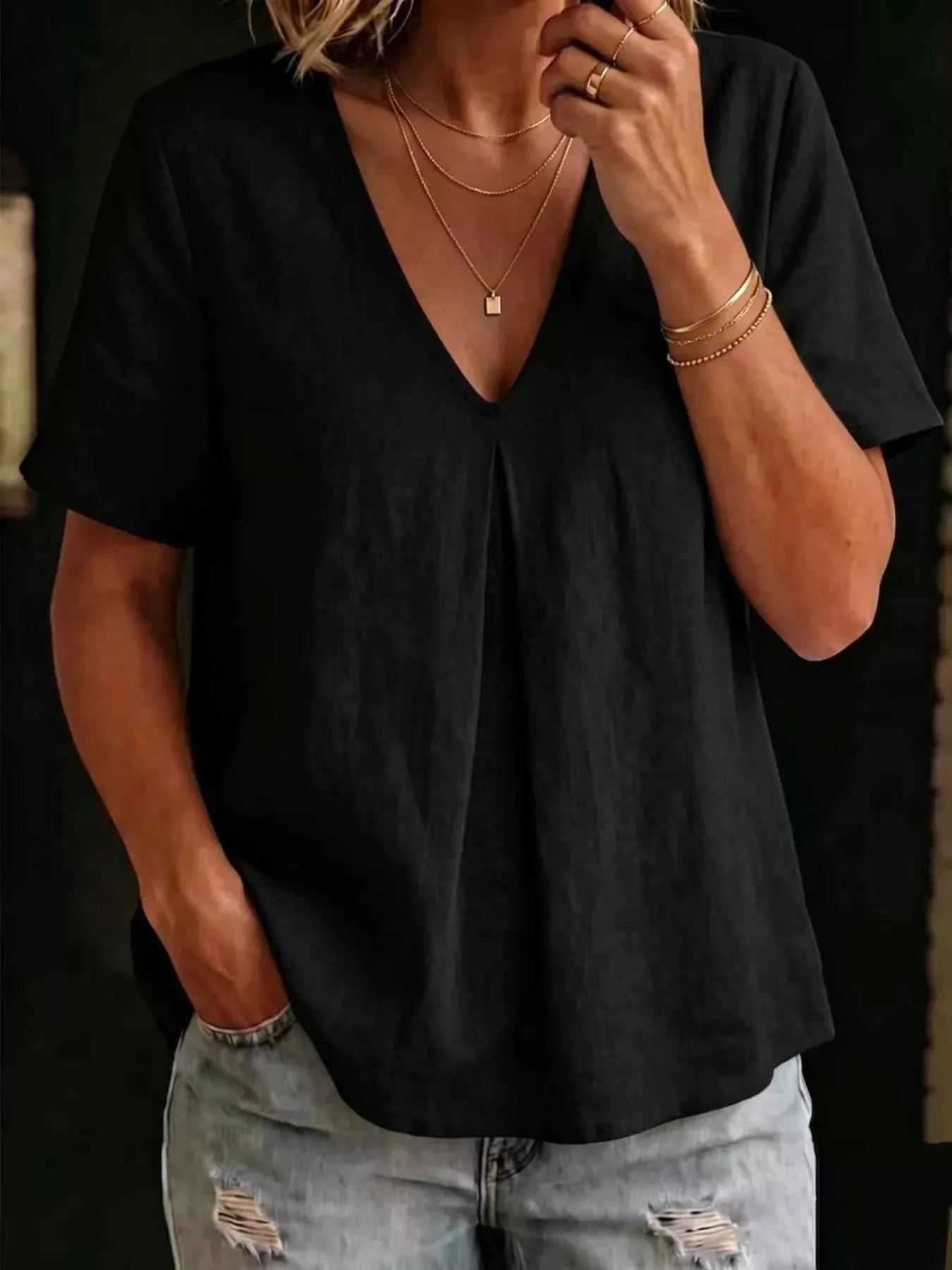 Full Size V-Neck Pleated Short Sleeve Blouse Plus Size