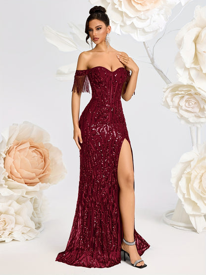 Off-Shoulder Beaded Evening Gown with Tassel Detail