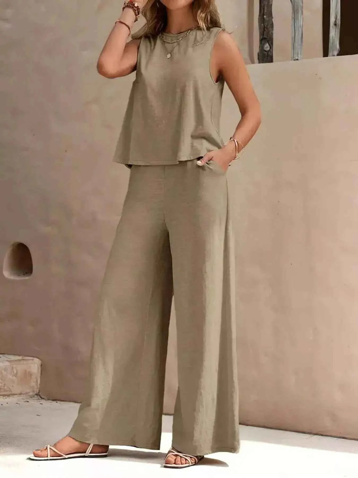 Sleeveless Top and Wide Leg Pants Set