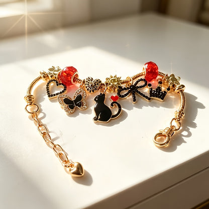 Women’s Black Beaded Snake Chain Charm Bracelet