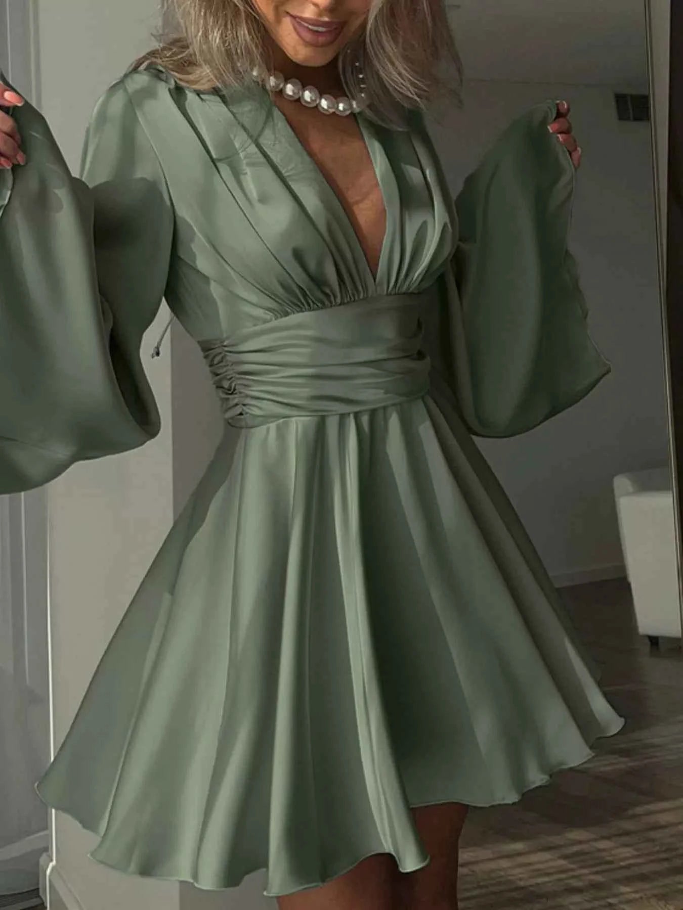 V-Neck Satin Mini Dress with Flowy Sleeves
