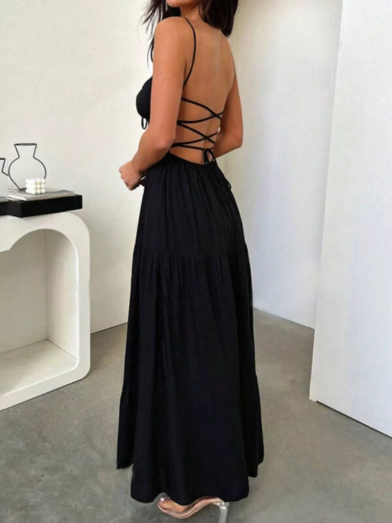 Lace Up Backless Maxi Dress
