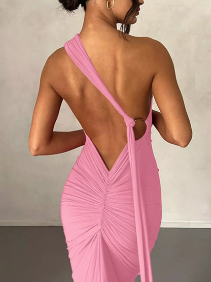 Backless One-Shoulder Ruched Bodycon Maxi Dress