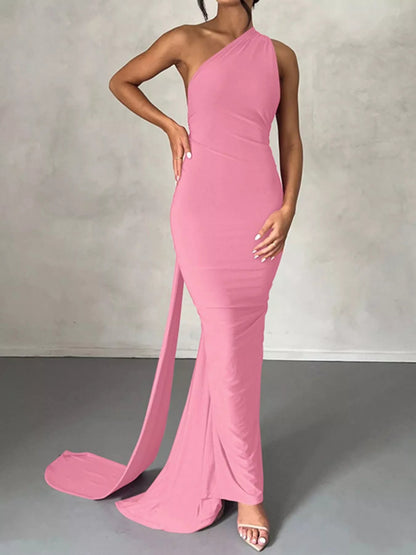 Backless One-Shoulder Ruched Bodycon Maxi Dress