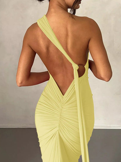 Backless One-Shoulder Ruched Bodycon Maxi Dress