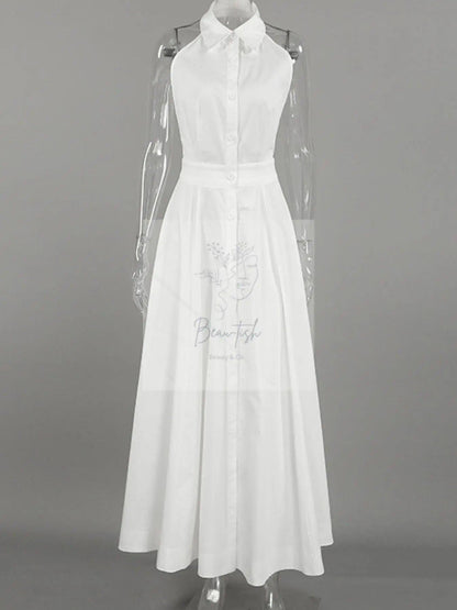 Backless Sleeveless Button Front Maxi Dress