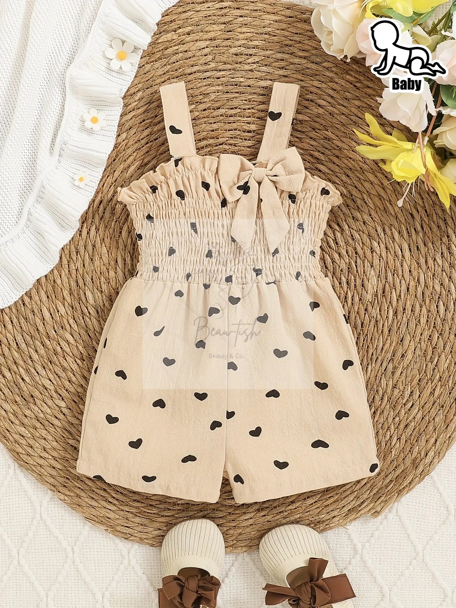 Baby Girl Summer Apricot Heart Print Bow Tie Romper - Beau-tish Beau-tish