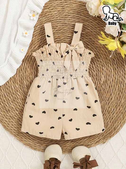 Baby Girl Summer Apricot Heart Print Bow Tie Romper - Beau-tish Beau-tish