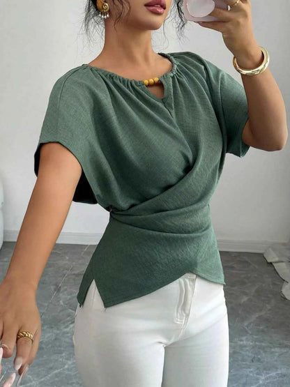 Beaded Neckline Short Sleeve Blouse