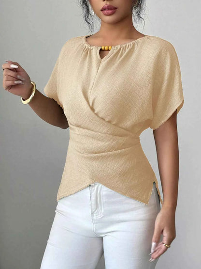 Beaded Neckline Short Sleeve Blouse