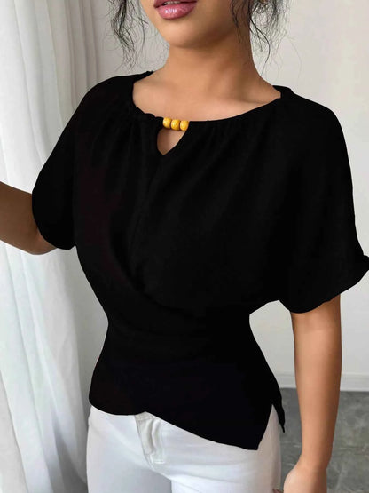 Beaded Neckline Short Sleeve Blouse