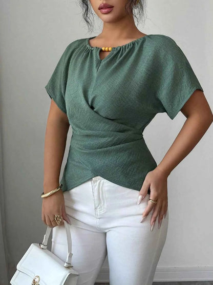 Beaded Neckline Short Sleeve Blouse