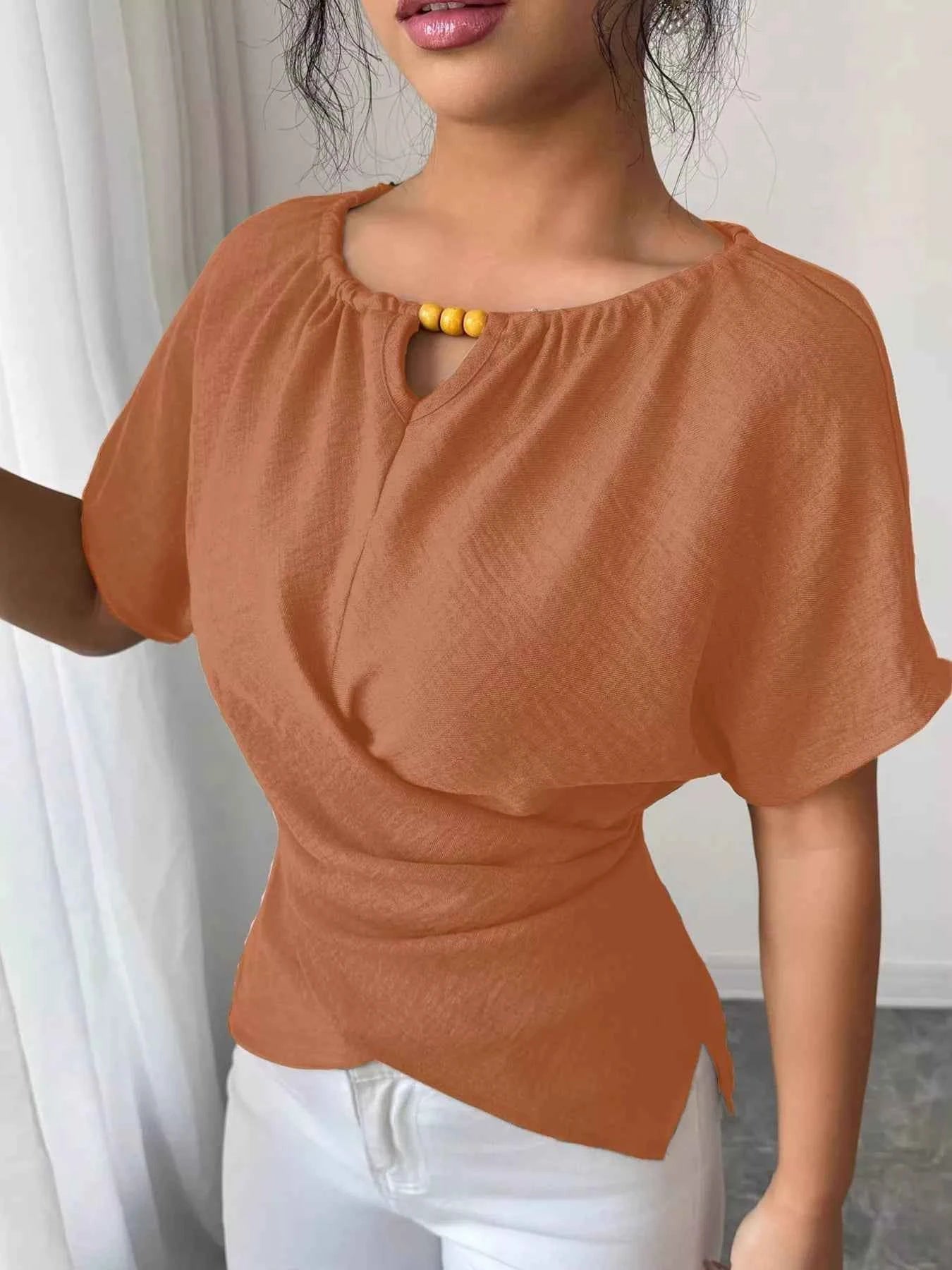 Beaded Neckline Short Sleeve Blouse