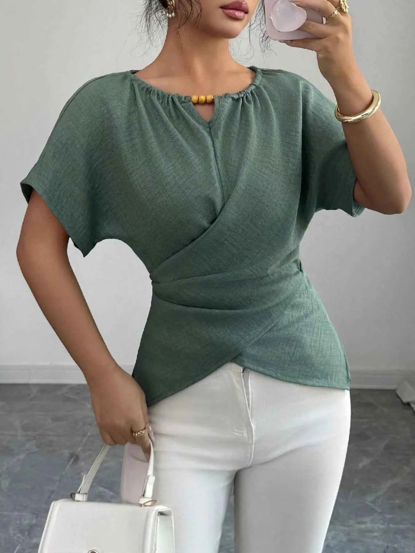 Beaded Neckline Short Sleeve Blouse