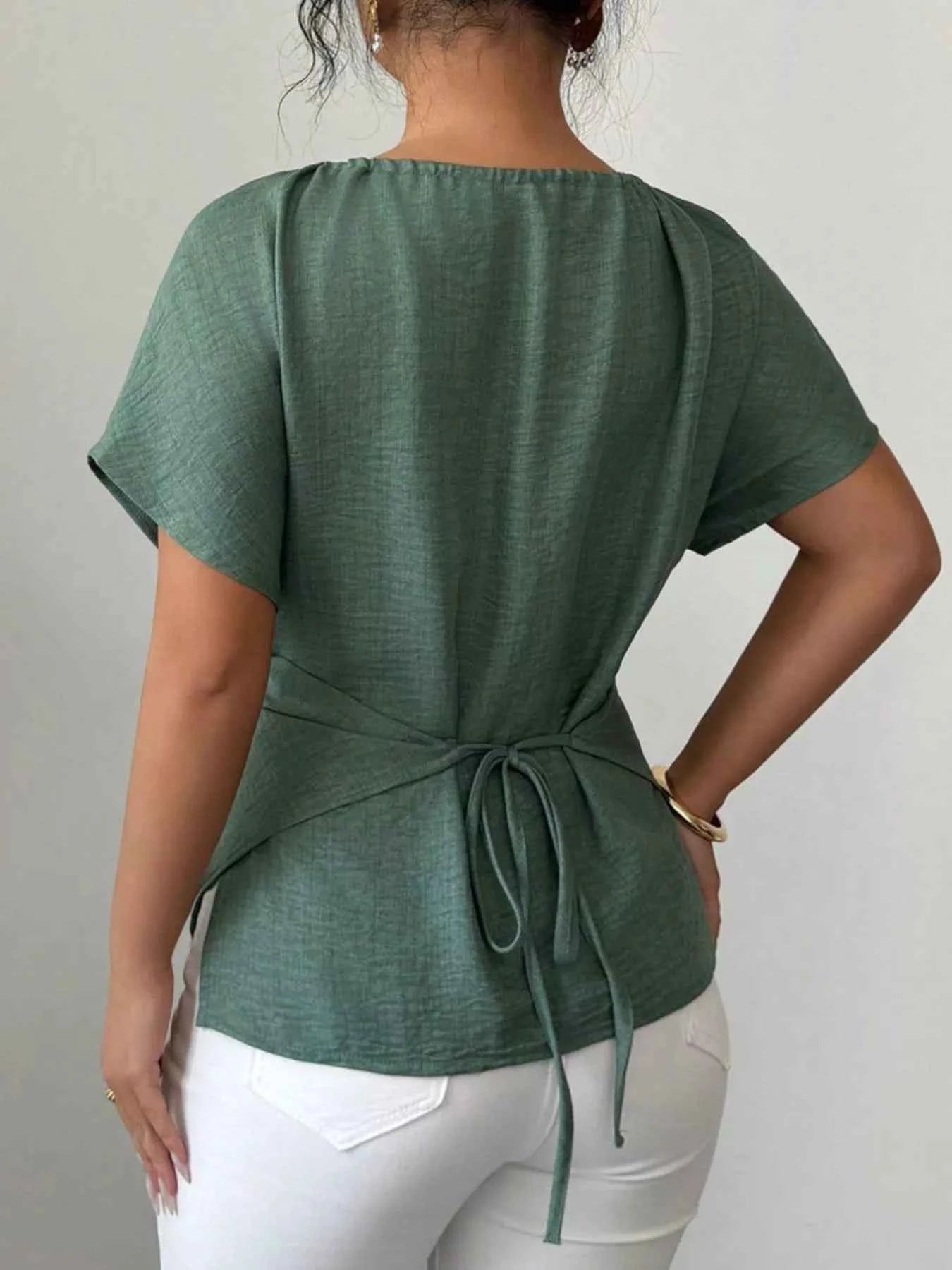Beaded Neckline Short Sleeve Blouse