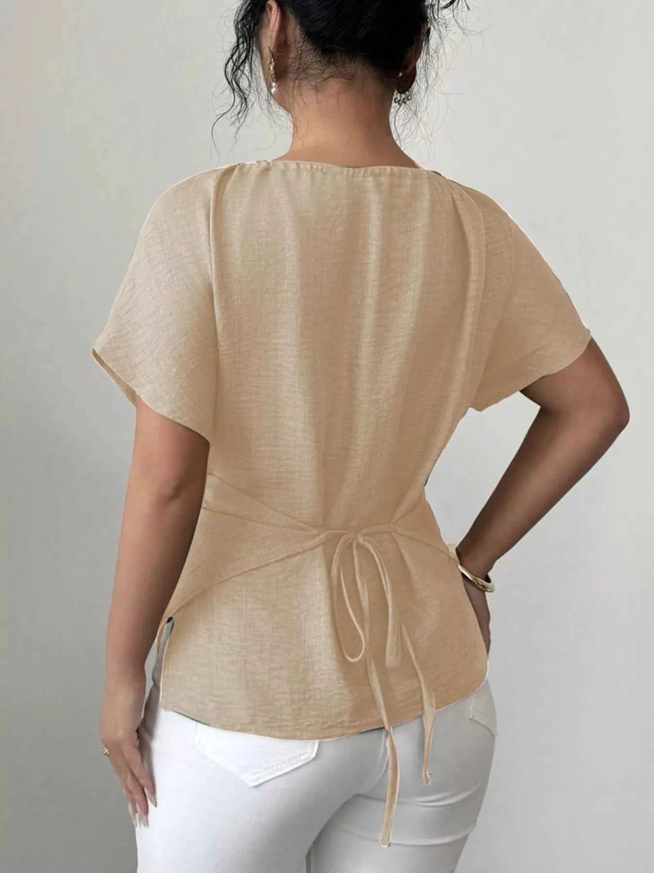 Beaded Neckline Short Sleeve Blouse