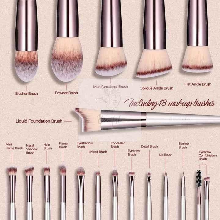 Beige 18-Piece Makeup Brush Set - Professional Synthetic Fiber Brushes with Wooden Handles for Flawless Beauty