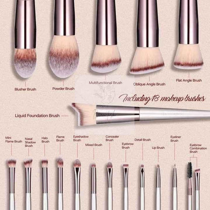 Beige 18-Piece Makeup Brush Set - Professional Synthetic Fiber Brushes with Wooden Handles for Flawless Beauty