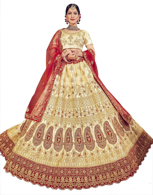 Beige Embroidered Satin Lehenga Choli Set