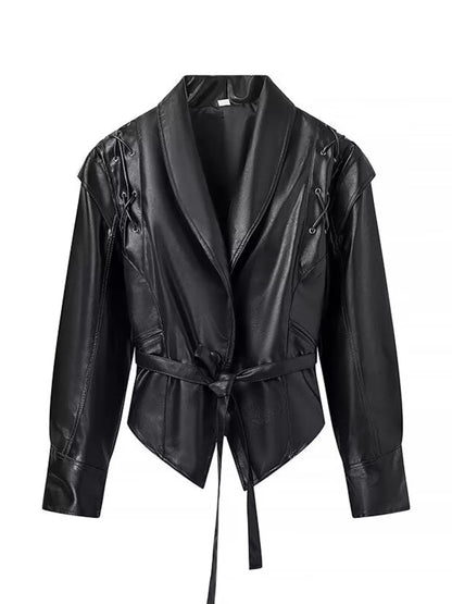 Belted Leather Jacket with Shawl Collar