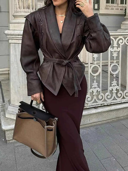 Belted Leather Jacket with Shawl Collar