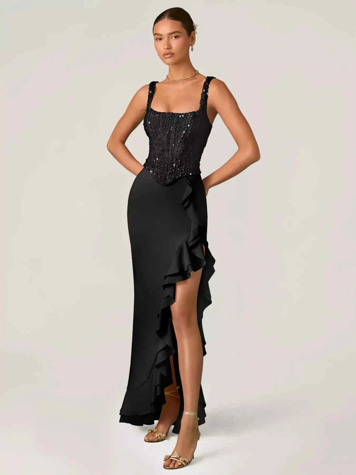 Sequin Ruffle Hem Maxi Dress