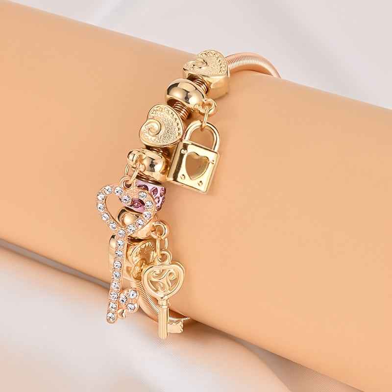 1pc Golden Alloy Heart Pendant Lock Bracelet