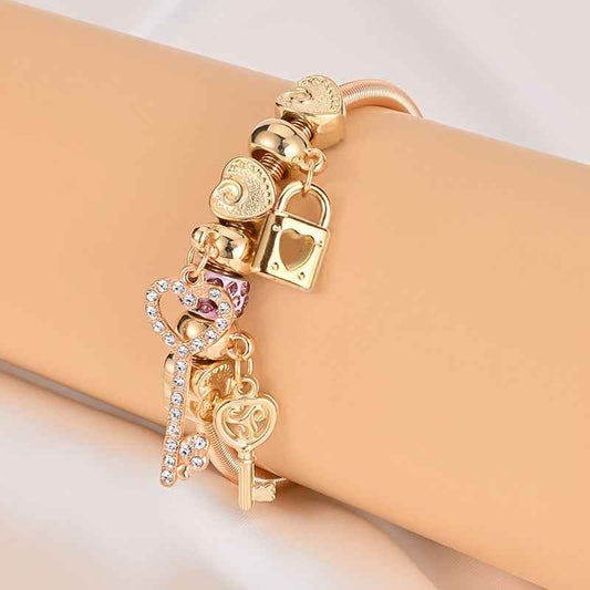 1pc Golden Alloy Heart Pendant Lock Bracelet