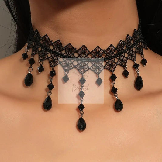 Black Lace Choker with Water Drop Pendant