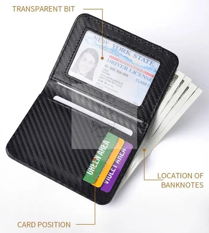 Black Sleek Carbon Fiber Vertical Wallet for Men - Slim Bifold Card Holder with Clear ID Window