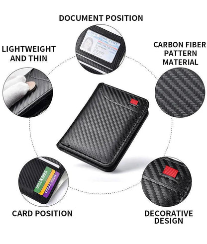 Black Sleek Carbon Fiber Vertical Wallet for Men - Slim Bifold Card Holder with Clear ID Window