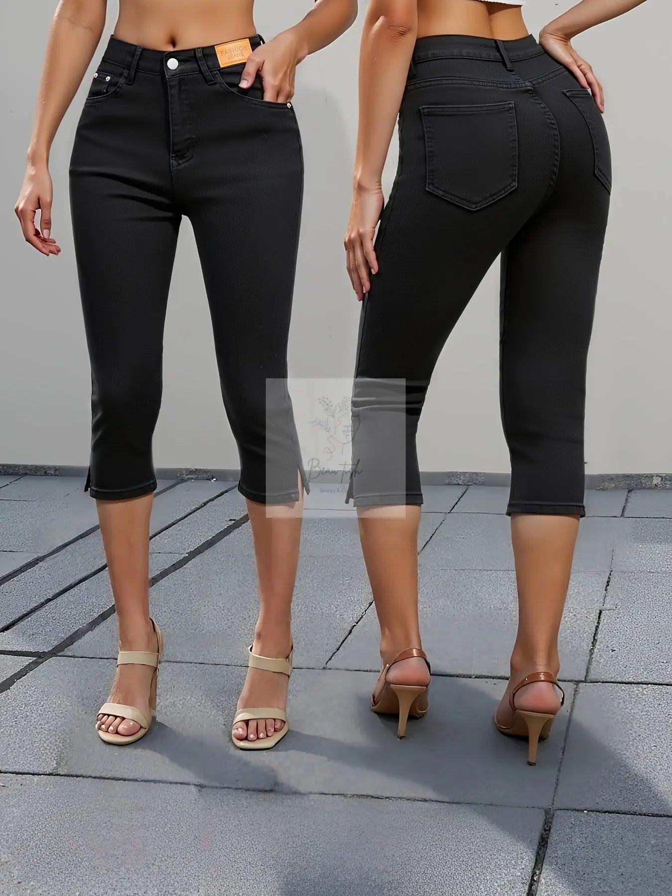 Black Women's Skinny Jeans | Mid Waist, Three Quarter Length
