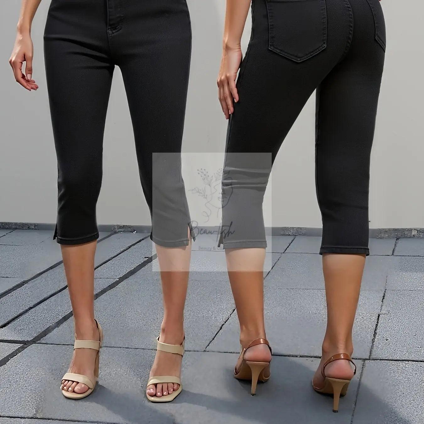 Black Women's Skinny Jeans | Mid Waist, Three Quarter Length