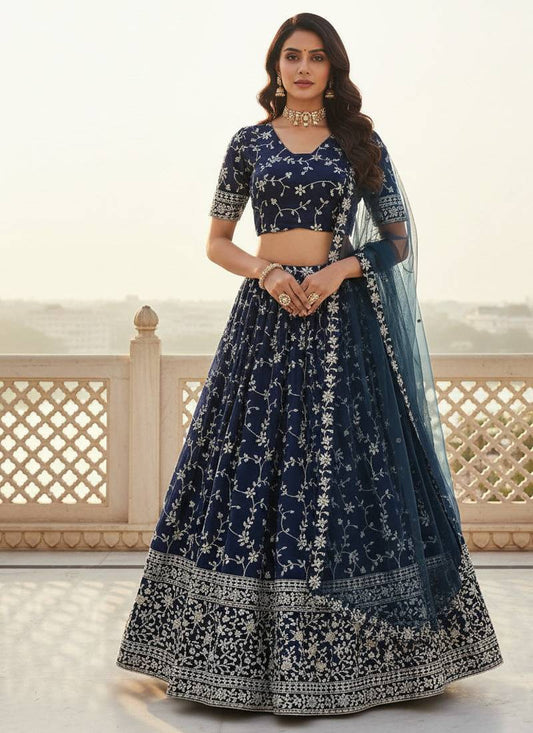 Blue Embroidered Georgette Lehenga Choli Set
