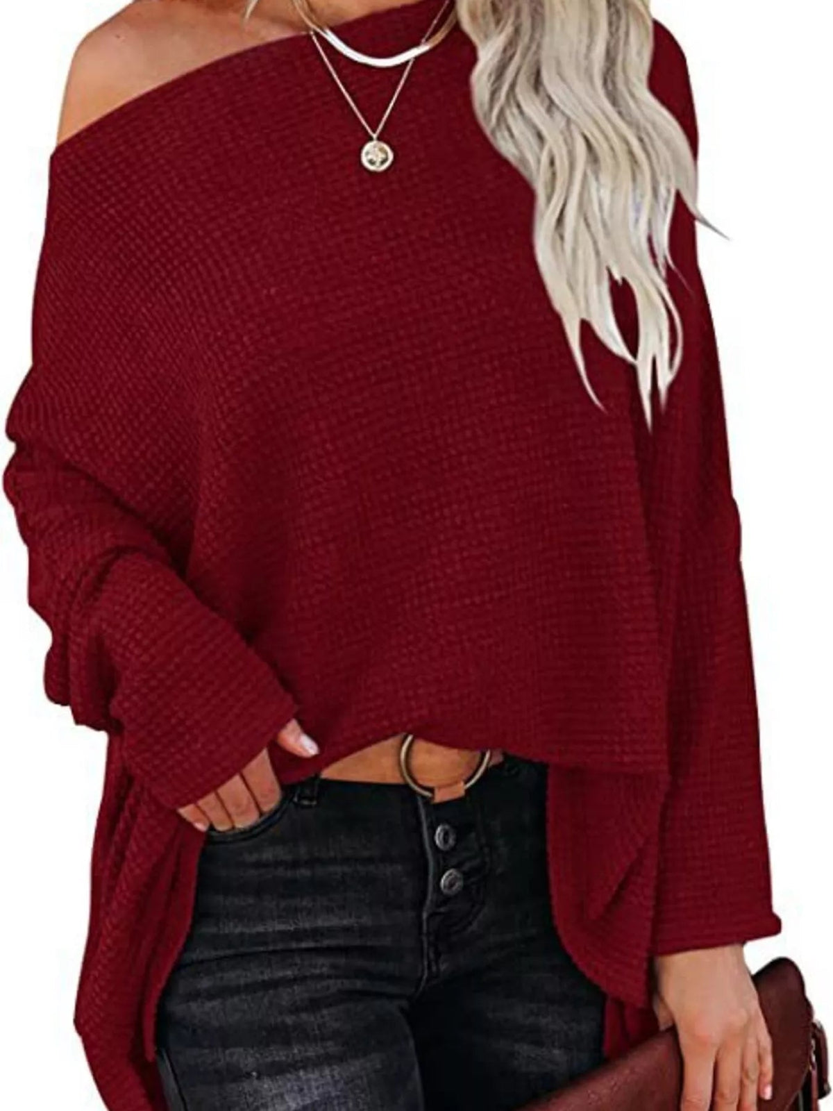 Boat Neck Waffle Knit Top