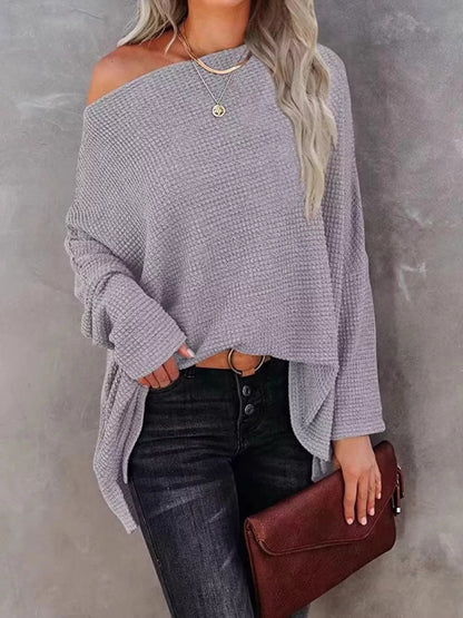 Boat Neck Waffle Knit Top
