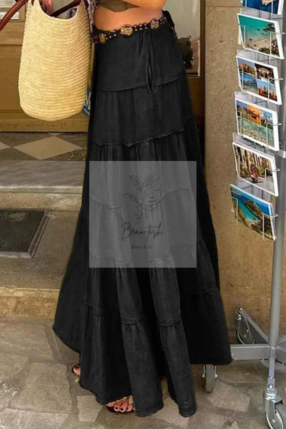 Bohemian Tiered Maxi Skirt with Drawstring Waist