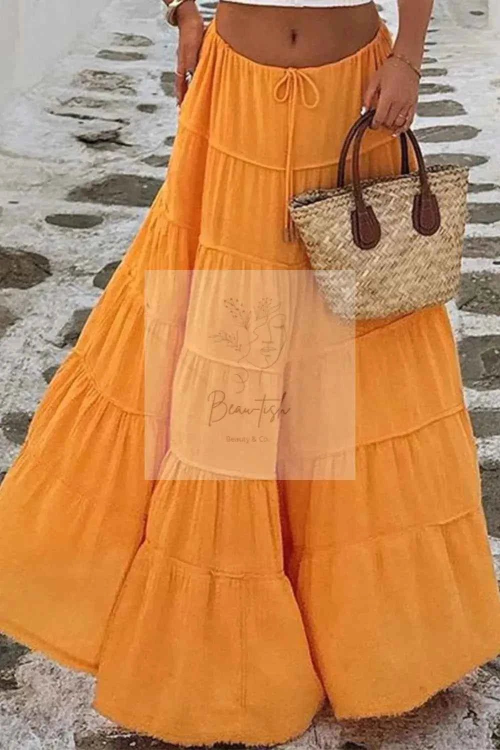 Bohemian Tiered Maxi Skirt with Drawstring Waist