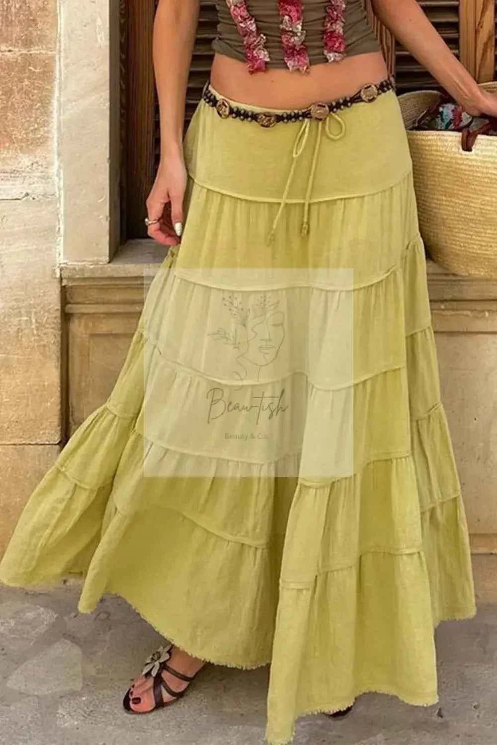 Bohemian Tiered Maxi Skirt with Drawstring Waist