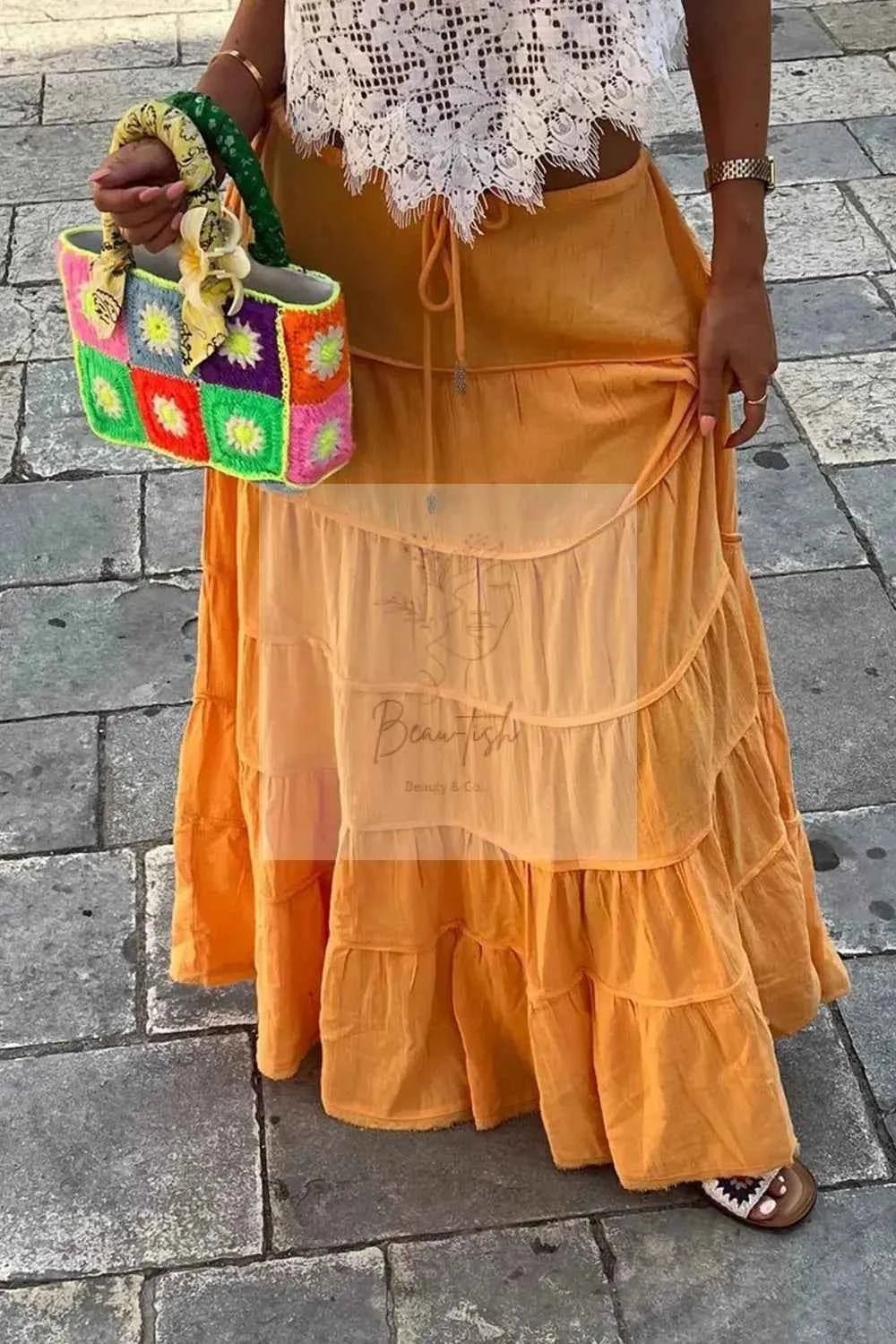 Bohemian Tiered Maxi Skirt with Drawstring Waist