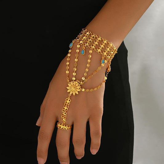 Bohemian Vintage Ring And Bracelet Combination, Made of Alloy with Blue Turquoise Inlays