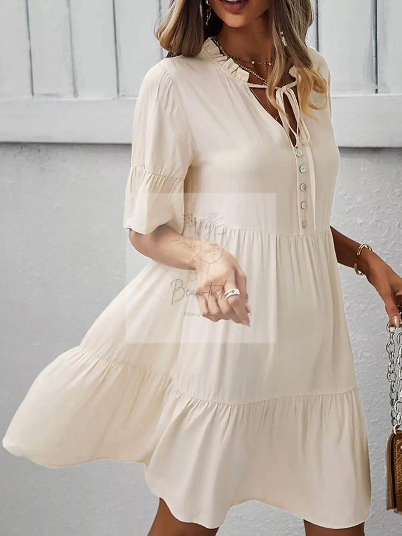 Boho Ruffle Sleeve Button Down Tiered Mini Dress