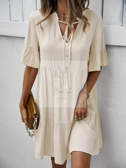 Boho Ruffle Sleeve Button Down Tiered Mini Dress